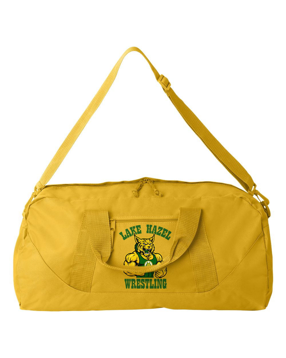 Lake Hazel Middle School Wrestling duffel bag in Bright Yellow with green-and-gold bobcat design