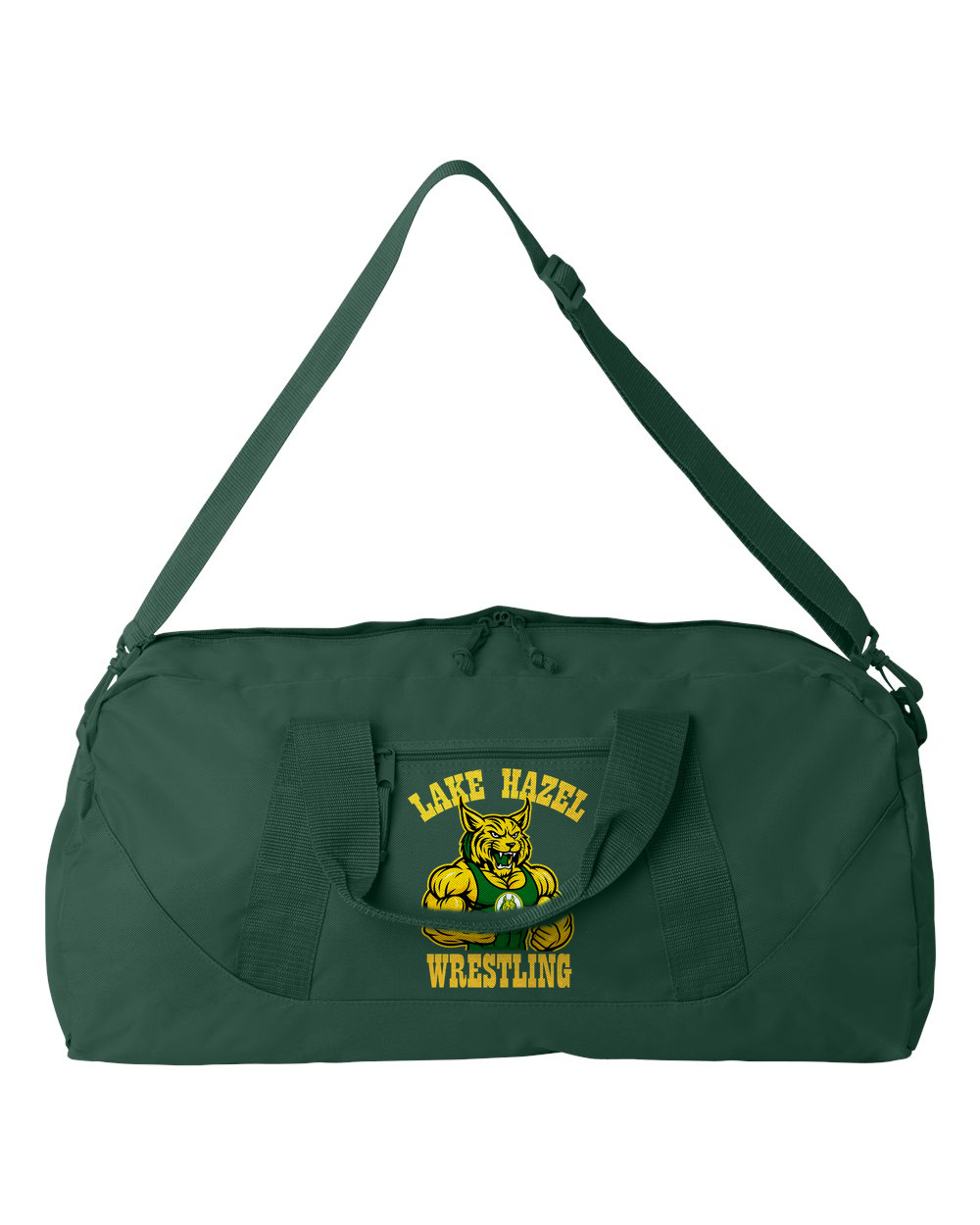 Lake Hazel Middle School Wrestling duffel bag in Forest green with green-and-gold bobcat design