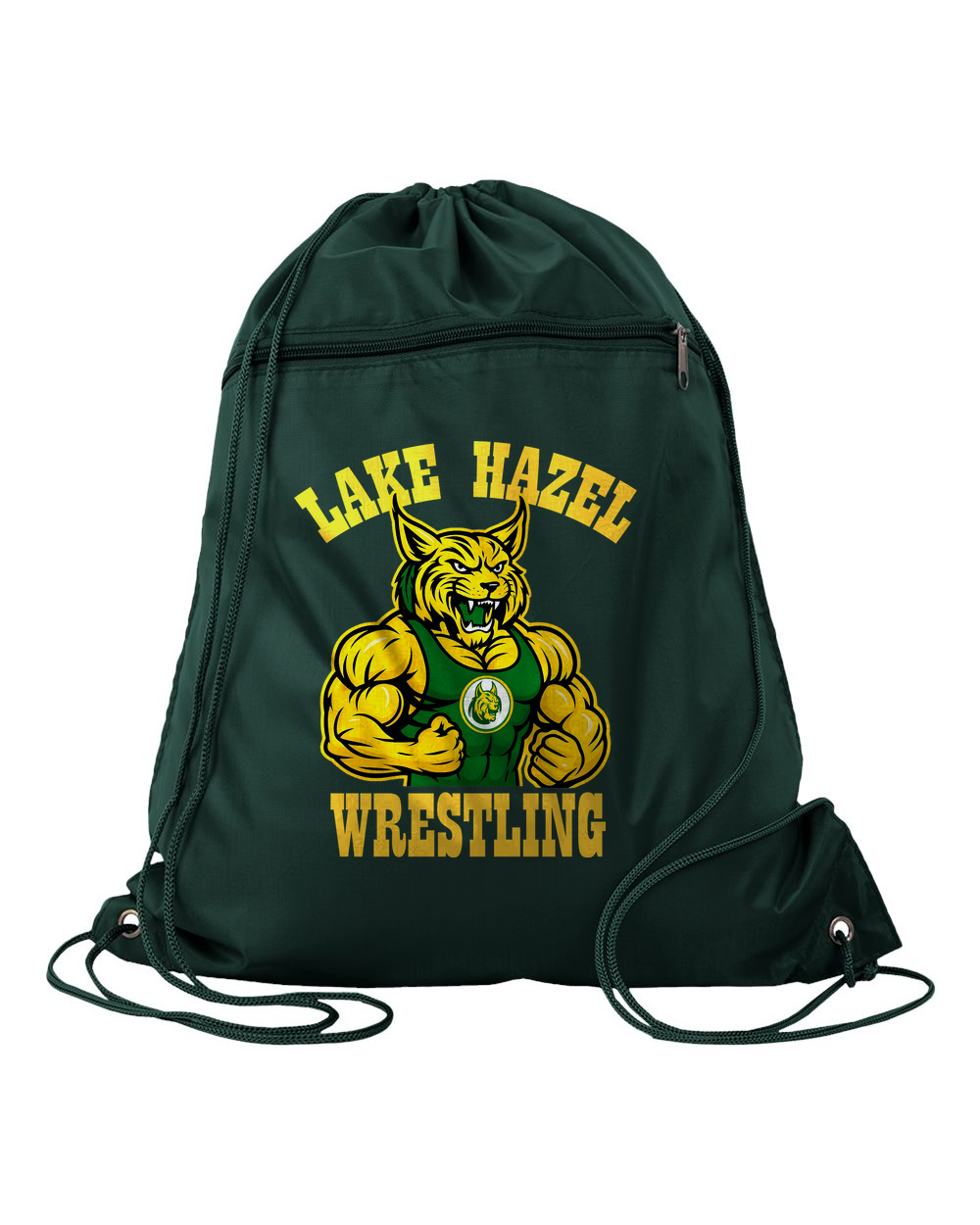 Forest Green drawstring bag with Lake Hazel Wrestling green-and-gold bobcat design, LAKE HAZEL above and WRESTLING below in yellow