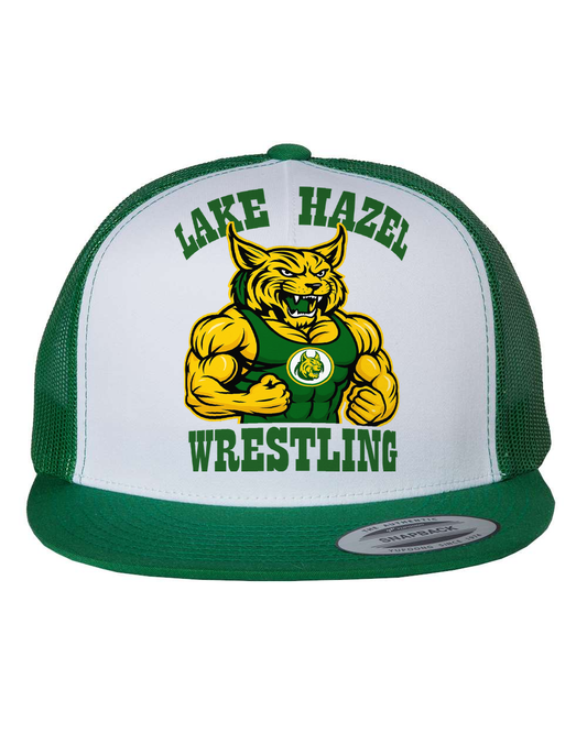 Lake Hazel Wrestling bobcat design on the white front panel of a Kelly green and white YP Classics 6006 five-panel trucker hat