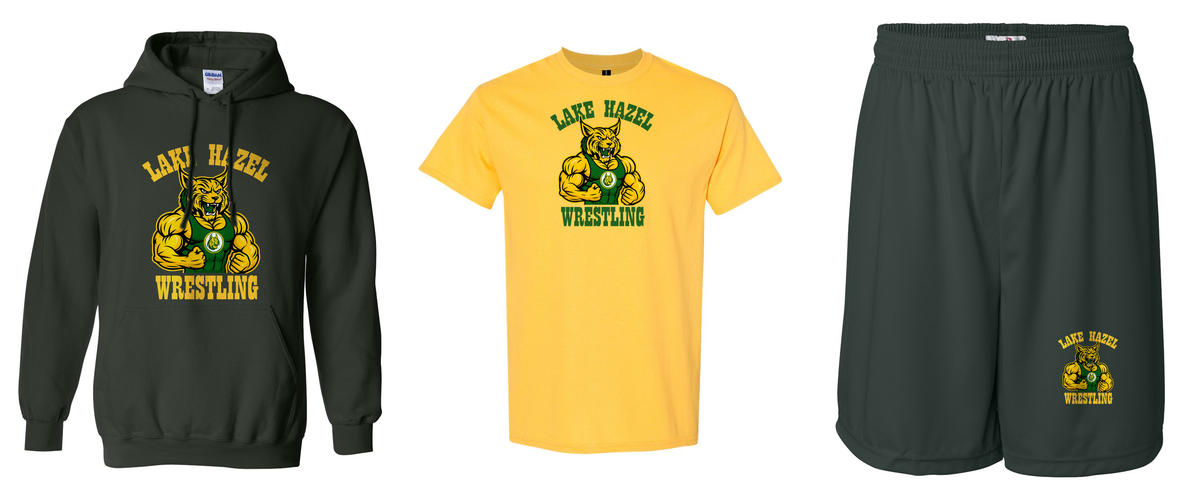 Lake Hazel Wrestling Forest hoodie, Daisy tee and Forest shorts lineup