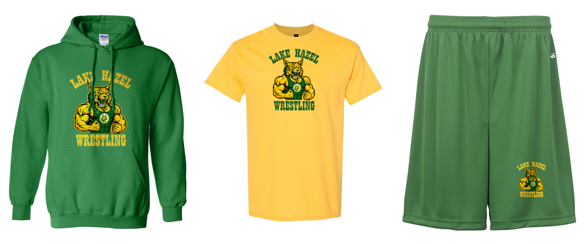 Lake Hazel Wrestling hoodie, tee and shorts lineup